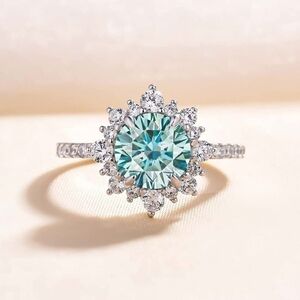 Certified 2.0ct Diamond Halo Ring White Gold Brilliant Cut Blue Moissanite 925